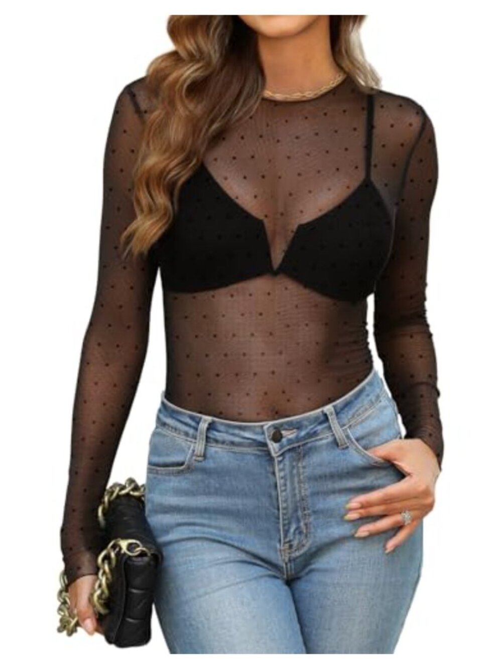 WIHOLL Mesh Sheer Long Sleeve Top | See Through Layering Tee | Floral Lace